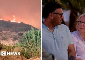 Composite image showing flames burning on hill on the left and couple sitting next to each other on the right