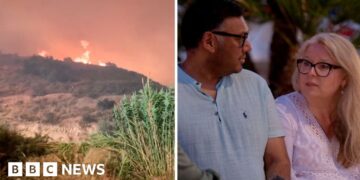 Composite image showing flames burning on hill on the left and couple sitting next to each other on the right
