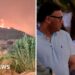 Composite image showing flames burning on hill on the left and couple sitting next to each other on the right