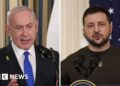 Split screen of Benjamin Netanyahu and Volodymyr Zelensky speaking at the White house on different occasions.