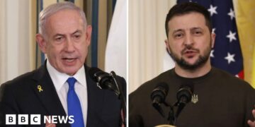 Split screen of Benjamin Netanyahu and Volodymyr Zelensky speaking at the White house on different occasions.