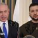 Split screen of Benjamin Netanyahu and Volodymyr Zelensky speaking at the White house on different occasions.