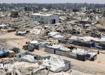A landscape shows sheer destruction across Gaza. Rubble, dust and dirt.