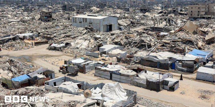 A landscape shows sheer destruction across Gaza. Rubble, dust and dirt.