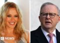 Split-screen showing a close-up of Kylie Minogue smiling on the left and Anthony Albanese on the right
