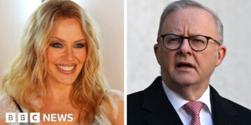 Split-screen showing a close-up of Kylie Minogue smiling on the left and Anthony Albanese on the right