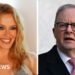 Split-screen showing a close-up of Kylie Minogue smiling on the left and Anthony Albanese on the right