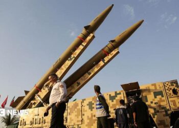 Missile launchers in a square in Iran.