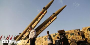 Missile launchers in a square in Iran.
