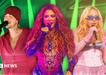 Picture of Justin Bieber in a red outfit singing into a microphone, Shakira in an embellished bodysuit singing into a microphone and Madonna in a pink corset singing into a microphone set against a green background.