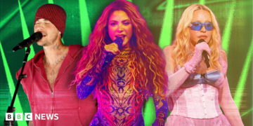 Picture of Justin Bieber in a red outfit singing into a microphone, Shakira in an embellished bodysuit singing into a microphone and Madonna in a pink corset singing into a microphone set against a green background.