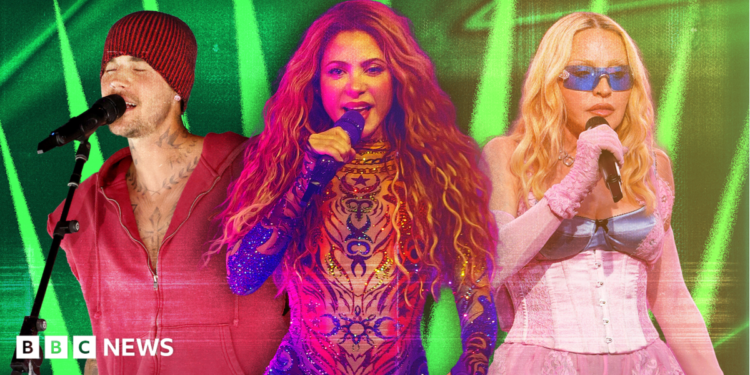 Picture of Justin Bieber in a red outfit singing into a microphone, Shakira in an embellished bodysuit singing into a microphone and Madonna in a pink corset singing into a microphone set against a green background.
