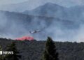A firefighting plane drops fire retardant as it flies over a wildfire in Ille-sur-Tet near Perpignan in southern France.