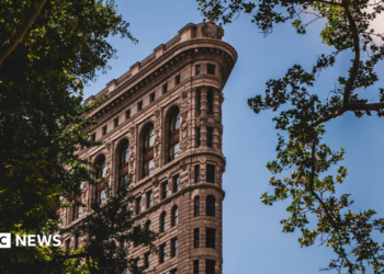 A view of the top section of the Flatiron Building, with trees surrounding it, showing its intricate Beaux-Arts detailing