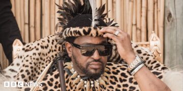 King Misuzulu kaZwelithini is pictured in sunglasses and leopard print ceremonial clothing