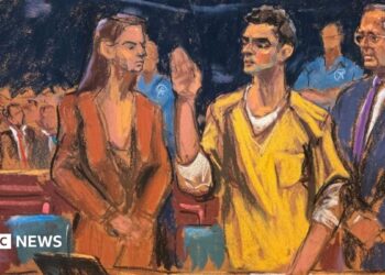 Court sketch shows Luigi Mangione standing between his lawyers as he is sworn in for the hearing