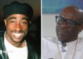 Split screen. Left, Tupac Shakur is seen. Right, Mopreme Shakur is seen.