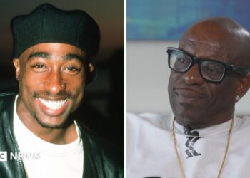 Split screen. Left, Tupac Shakur is seen. Right, Mopreme Shakur is seen.