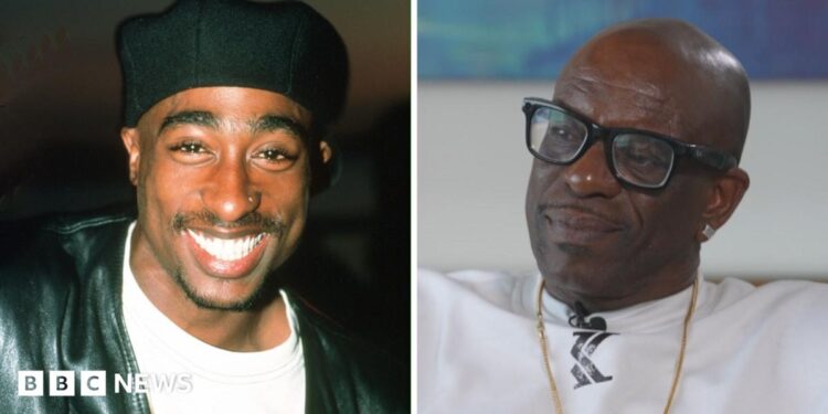 Split screen. Left, Tupac Shakur is seen. Right, Mopreme Shakur is seen.