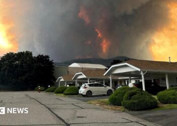 An image showing grey and orange smoke rising from behind a row of homes on a residential street in Summerland, British Columbia.