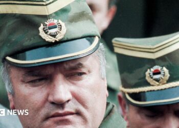 Bosnian Serb General Ratko Mladic leaves a meeting at the airport in Sarajevo, Bosnia and Herzegovina April 13, 1993. He is wearing a green and gold military peaked cap.