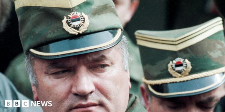 Bosnian Serb General Ratko Mladic leaves a meeting at the airport in Sarajevo, Bosnia and Herzegovina April 13, 1993. He is wearing a green and gold military peaked cap.