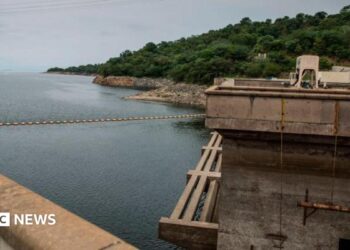 The Kariba dam seen from one of its ridges, overlooking the reservoir and green landscape in the distance