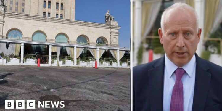 On the left, a picture outside the Blazi Rossi Italian restaurant in Moscow. On the right, Steve Rosenberg.