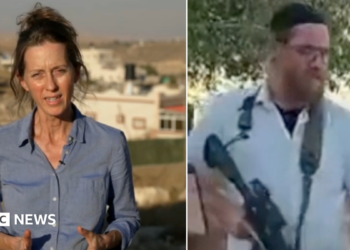 Lucy Williamson (l) and settler with a gun (r)