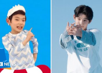 Park Geon-roung aged seven in the Baby Shark music video on the left. Park Geon-roung aged 17 dancing on the right.