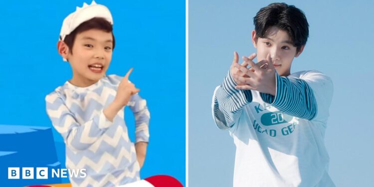 Park Geon-roung aged seven in the Baby Shark music video on the left. Park Geon-roung aged 17 dancing on the right.