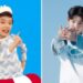 Park Geon-roung aged seven in the Baby Shark music video on the left. Park Geon-roung aged 17 dancing on the right.