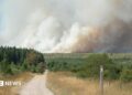 A plume of smoke rises into the sky during a wildfire in the Hautes Fagnes (High Fens) nature reserve in Belgium
