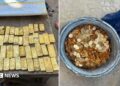 Images of the gold bars and coins. The gold bars are lined up in rows on the left of the image, and the right side shows a metal bucket full of coins.