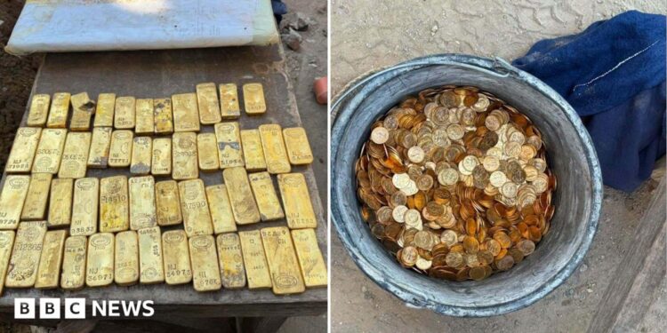 Images of the gold bars and coins. The gold bars are lined up in rows on the left of the image, and the right side shows a metal bucket full of coins.