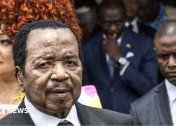 Paul Biya at one of his last public sightings in Cameroon, during the April 2026 visit of Pope Leo XIV. He is surrounded by Cameroonian officials and his wife, First Last Chantal Biya.