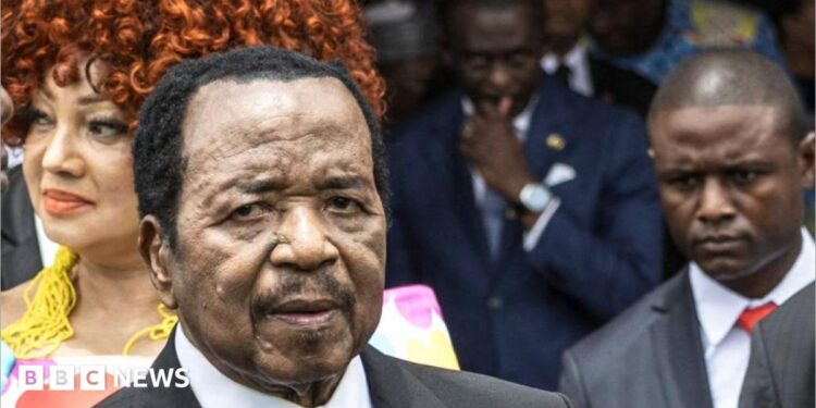 Paul Biya at one of his last public sightings in Cameroon, during the April 2026 visit of Pope Leo XIV. He is surrounded by Cameroonian officials and his wife, First Last Chantal Biya.