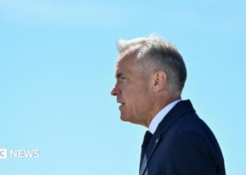 Mark Carney stands in profile, facing to the left, against a clear light blue sky. He wears a dark blue suit and tie.