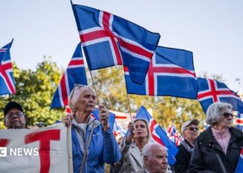 Supporters of the 'No' campaign wave Icelandic flags during a rally against reopening Iceland's European Union accession negotiations in Reykjavik, Iceland, on August 27, 2026