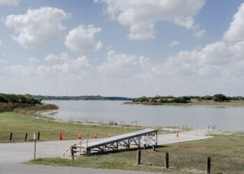 Lake Corpus Christi at 11.8% capacity Oct. 20, 2025. At the time this was the only operational boat ramp out of six in the state park.
