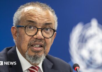 A man with grey curly hair, a beard and black glasses speaks into a microphone.