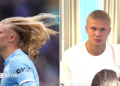 Composite of Erling Haaland with long hair next to a more recent image of his shorter buzz cut haircut