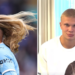 Composite of Erling Haaland with long hair next to a more recent image of his shorter buzz cut haircut