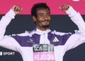 Yomif Kejelcha celebrates after finishing second in the 2026 London Marathon