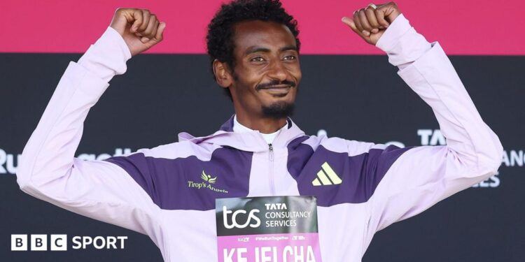 Yomif Kejelcha celebrates after finishing second in the 2026 London Marathon
