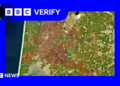 A satellite image showing wildfire burn marks across a large area of land in south-western France near Bordeaux