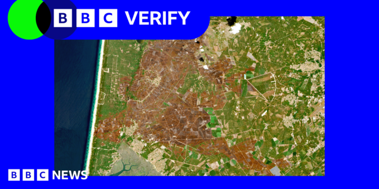 A satellite image showing wildfire burn marks across a large area of land in south-western France near Bordeaux