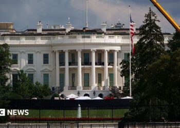 Exterior shot of the White House's South lawn, the Truman balcony (portico area enclosed by six white columns in the Ionic style, with a distinctive scroll-shaped ornaments called volutes on the capital. A yellow crane can be seen emerging from trees to the left of the frame