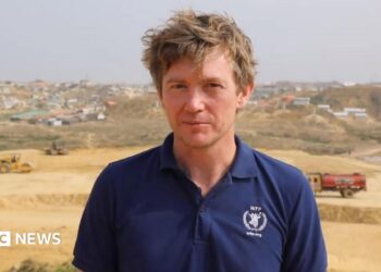 A man with brown hair looking at the camera, he is wearing a navy polo top