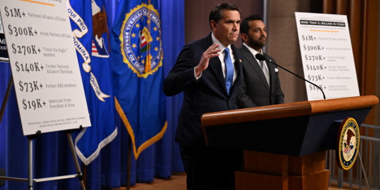 Acting U.S. Attorney General Blanche attends a press conference at the Department of Justice in Washington